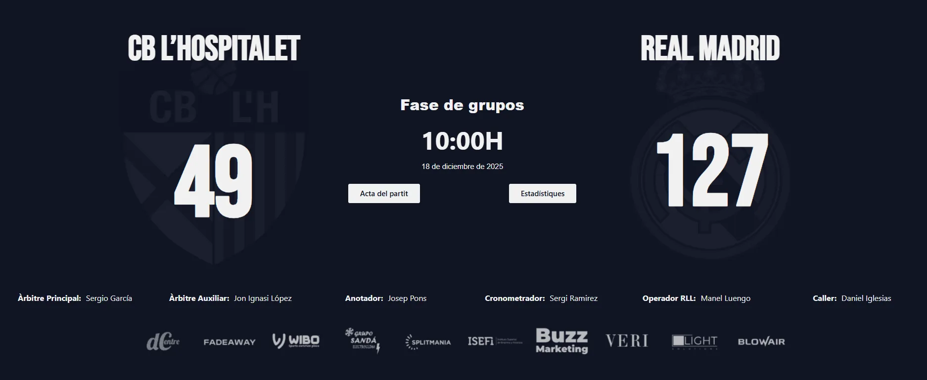 Página de partido CB L'Hospitalet 49 - Real Madrid 127 en la web del torneo, con marcador, fase, hora, acta, estadísticas, árbitros y patrocinadores Página de partido CB L'Hospitalet 49 - Real Madrid 127 en la web del torneo, con marcador, fase, hora, acta, estadísticas, árbitros y patrocinadores