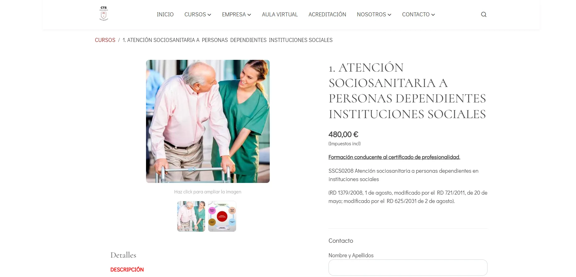 Ficha de curso antigua de CTS Formación: título numerado en mayúsculas, precio, texto legal del certificado y formulario de contacto