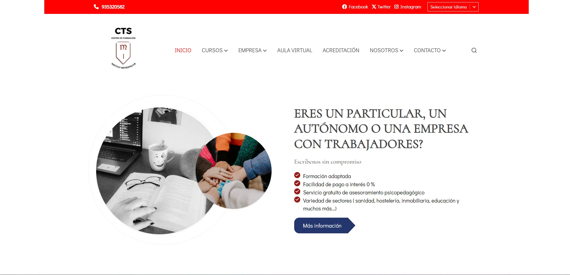 Home antigua de CTS Formación: cabecera roja, menú en mayúsculas, imágenes circulares de stock y un bloque de texto con llamada a la acción