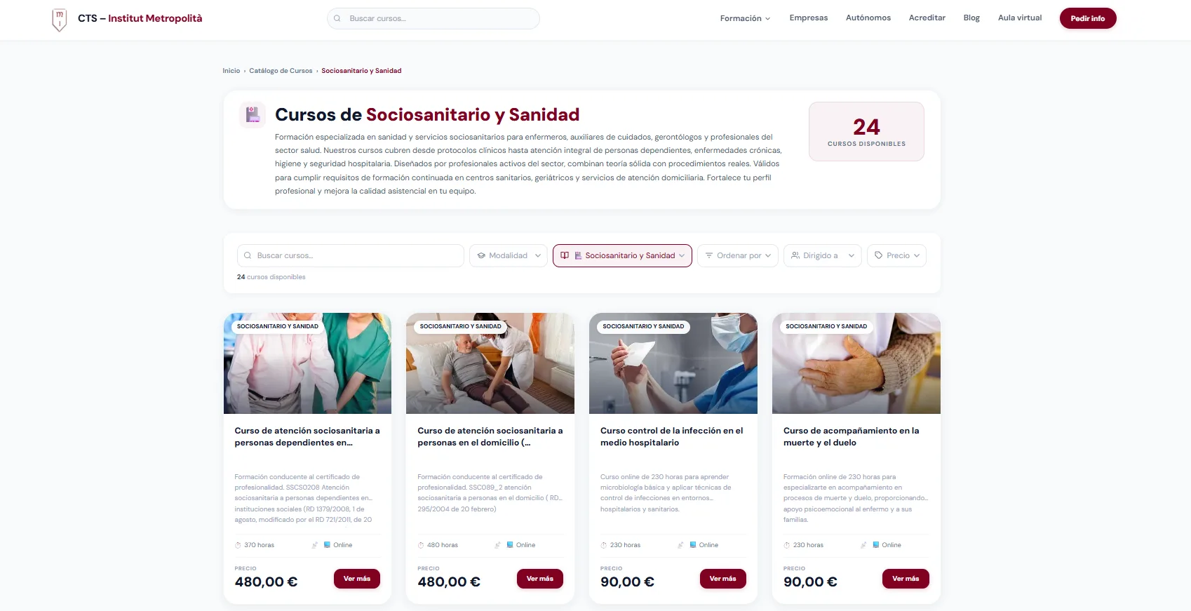 Página de categoría nueva de CTS Formación, Sociosanitario y Sanidad: texto introductorio, 24 cursos disponibles, buscador y filtros por modalidad, categoría, público y precio, y tarjetas con horas, modalidad y precio Página de categoría nueva de CTS Formación, Sociosanitario y Sanidad: texto introductorio, 24 cursos disponibles, buscador y filtros por modalidad, categoría, público y precio, y tarjetas con horas, modalidad y precio