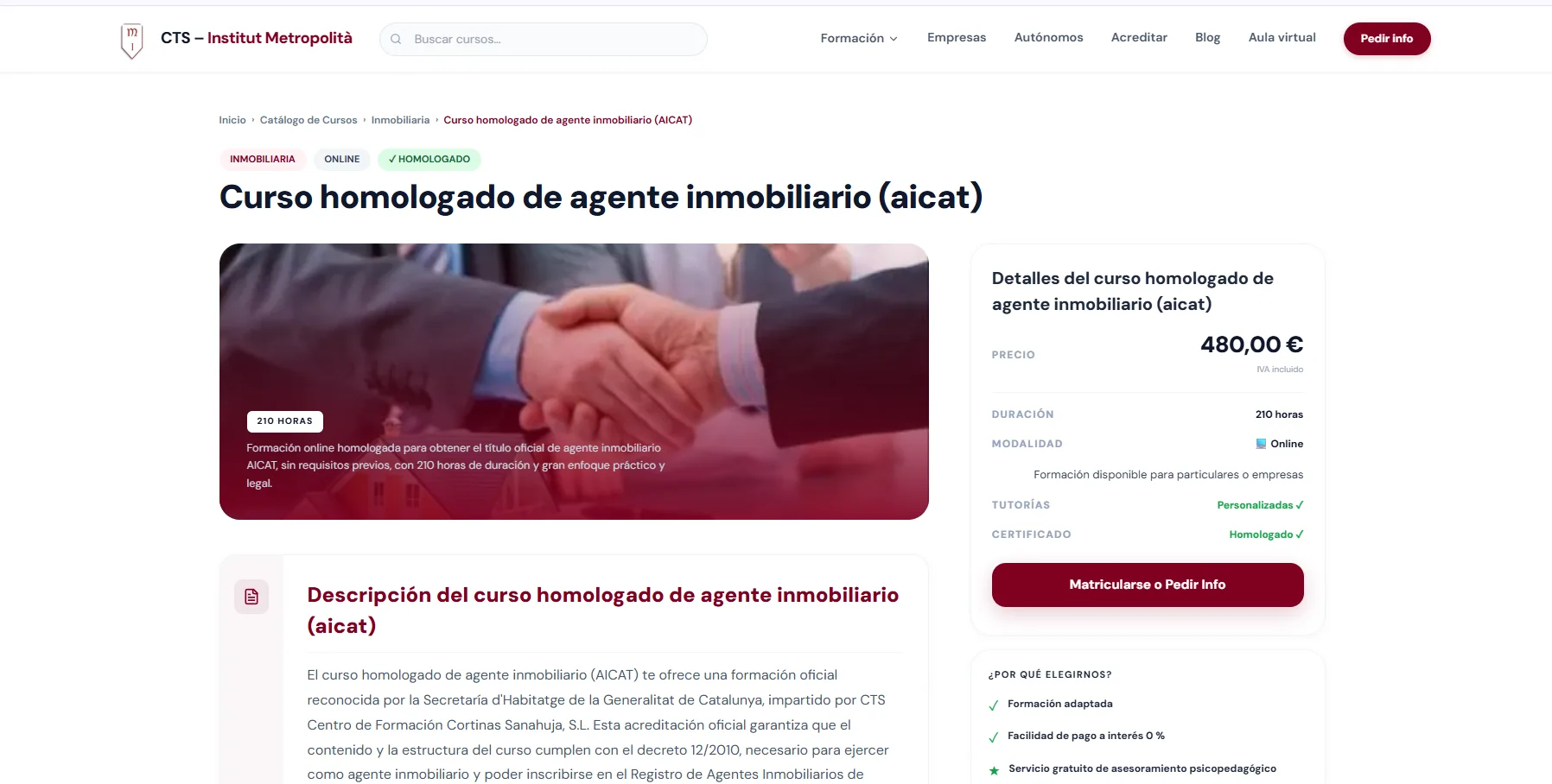 Ficha de curso nueva de CTS Formación, curso homologado de agente inmobiliario: etiquetas de categoría, modalidad y homologación, resumen, precio, duración, tutorías, certificado y botón de matrícula Ficha de curso nueva de CTS Formación, curso homologado de agente inmobiliario: etiquetas de categoría, modalidad y homologación, resumen, precio, duración, tutorías, certificado y botón de matrícula