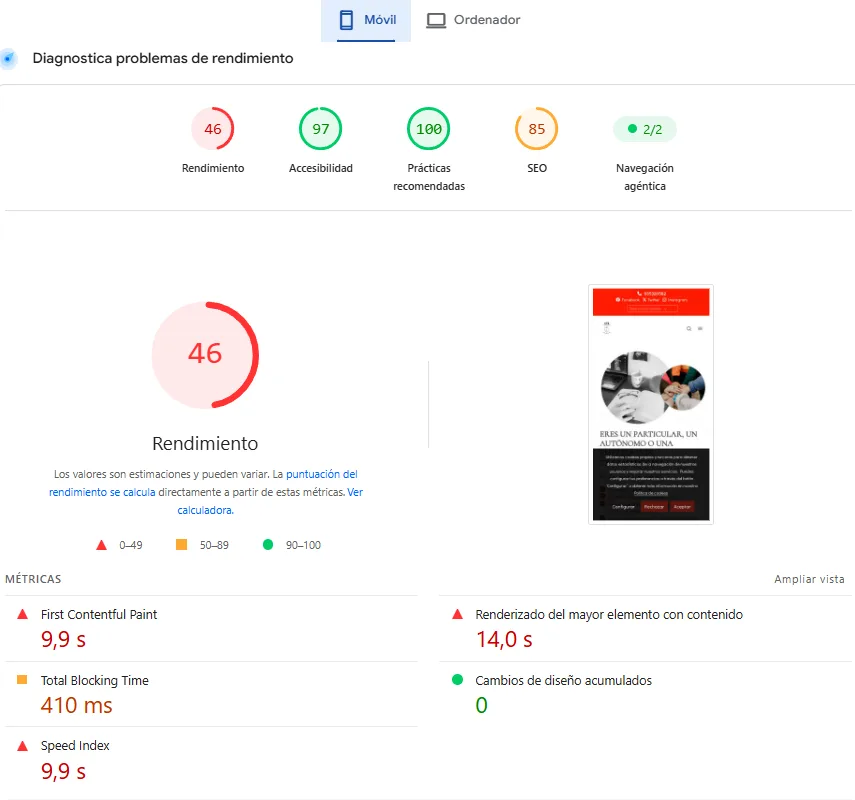 PageSpeed Insights de la web antigua de CTS Formación en móvil: 46 de rendimiento, FCP 9,9 s, LCP 14,0 s, TBT 410 ms PageSpeed Insights de la web antigua de CTS Formación en móvil: 46 de rendimiento, FCP 9,9 s, LCP 14,0 s, TBT 410 ms