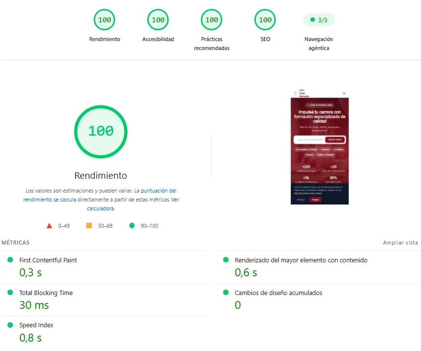 PageSpeed Insights de la web nueva de CTS Formación en móvil: 100 de rendimiento, accesibilidad, prácticas recomendadas y SEO, FCP 0,3 s, LCP 0,6 s PageSpeed Insights de la web nueva de CTS Formación en móvil: 100 de rendimiento, accesibilidad, prácticas recomendadas y SEO, FCP 0,3 s, LCP 0,6 s