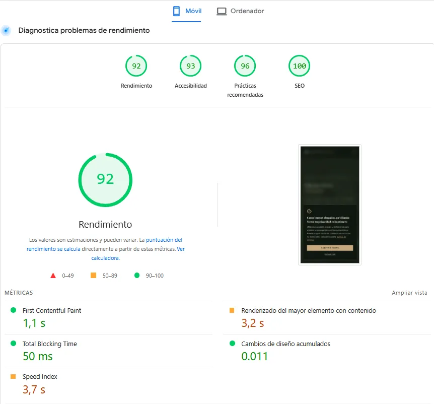 PageSpeed Insights de villazonmerceabogados.com en móvil: 92 de rendimiento, 93 de accesibilidad, 96 en prácticas recomendadas y 100 en SEO