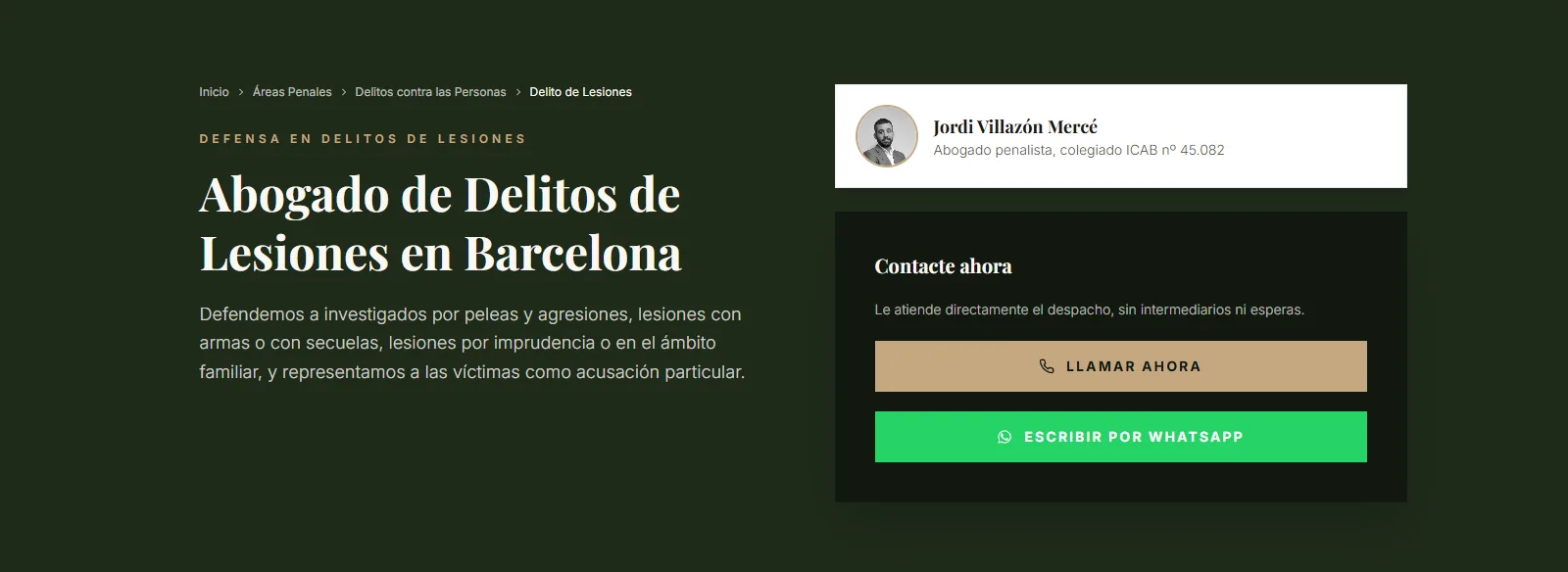 Cabecera de la página de delito de lesiones de Villazón Mercé Abogados, con la tarjeta del abogado y los botones de llamar y WhatsApp